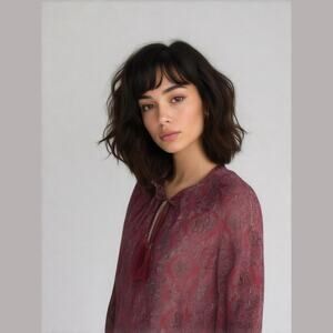 Joie Maroon Paisley Silk Long Sleeve Tassel Tie Casual Boho Flowy Blouse Top XS